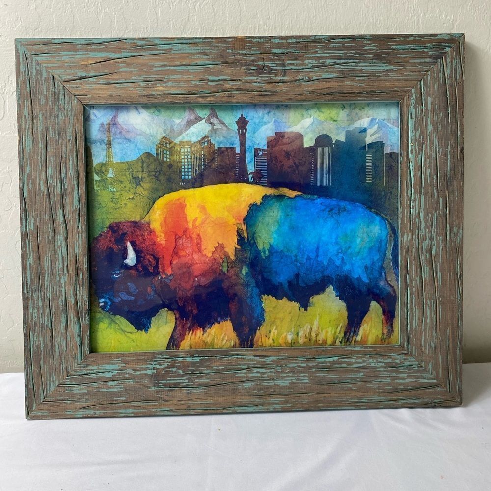 Colorful Bison Art in Rustic Frame Urban Cowboy